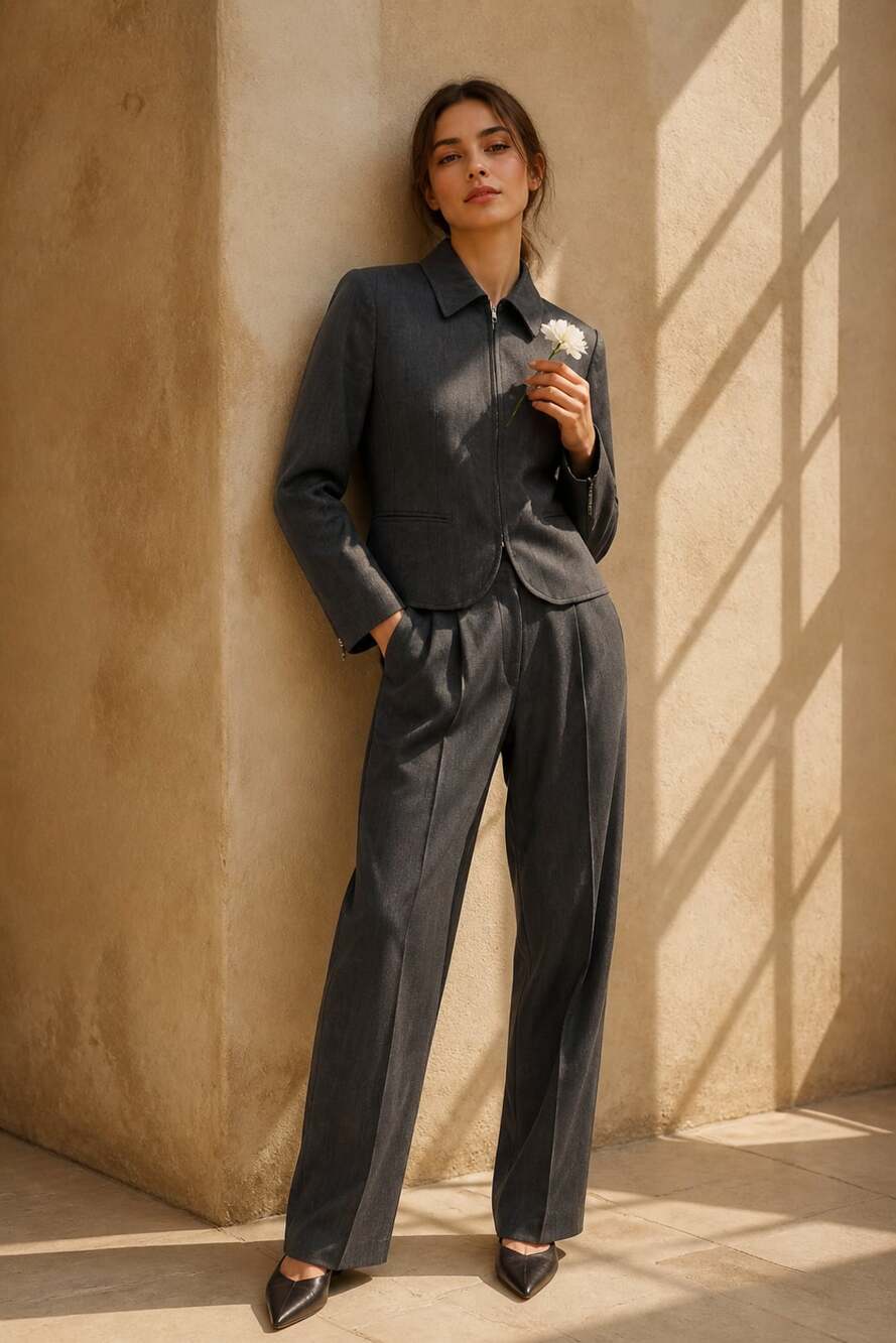 Liz Claiborne Collection Vintage 100% Wool Charcoal Grey Pant Suit Zip Jacket Si